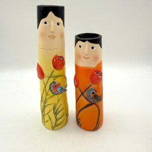 Resin Art Deco Girl Bud Vases X2 Birds Flowers Yellow Orange